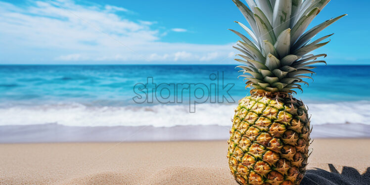 A pineapple sitting in the sand on the beach - Starpik Stock