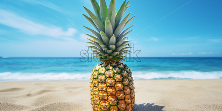 A pineapple sitting in the sand on the beach - Starpik Stock