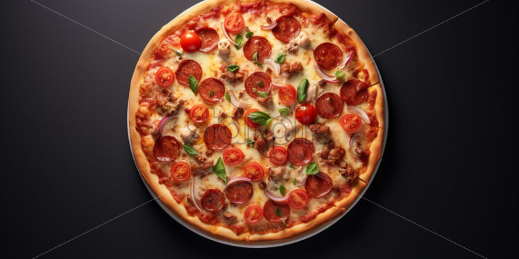 A pizza on a black background, top view - Starpik Stock