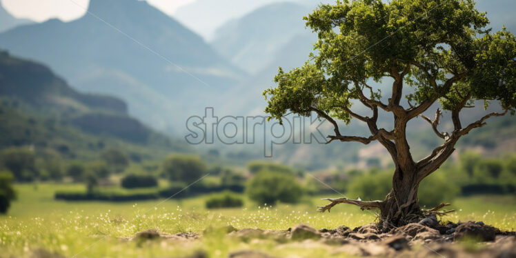 A plain and an oak tree on it, mountains in the background - Starpik Stock