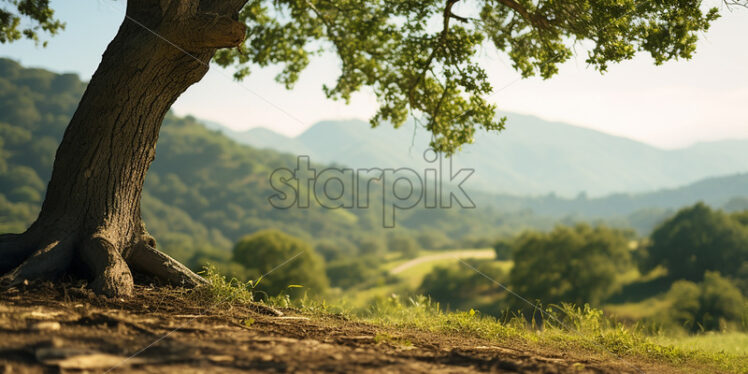 A plain and an oak tree on it, mountains in the background - Starpik Stock