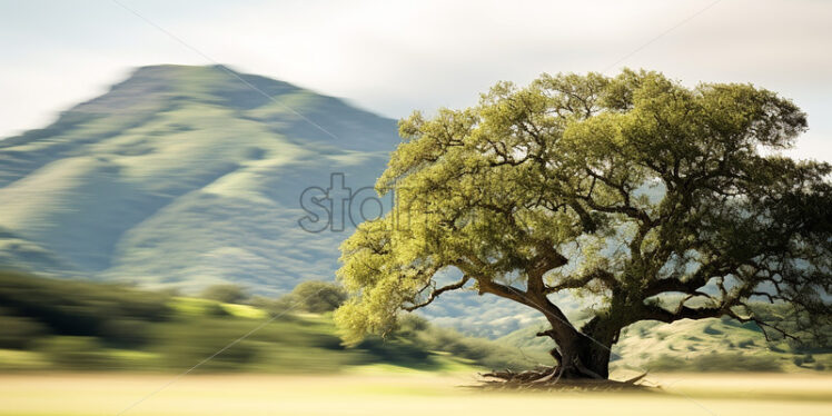 A plain and an oak tree on it, mountains in the background - Starpik Stock