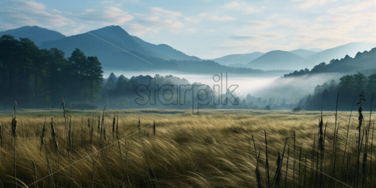 A plain at the edge of a forest, fog in the background - Starpik Stock