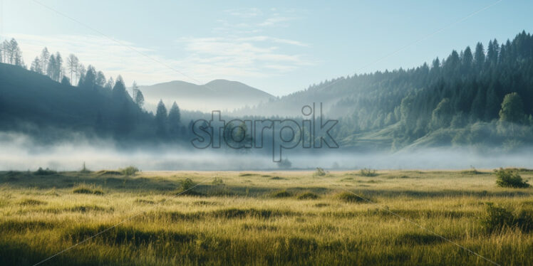 A plain at the edge of a forest, fog in the background - Starpik Stock