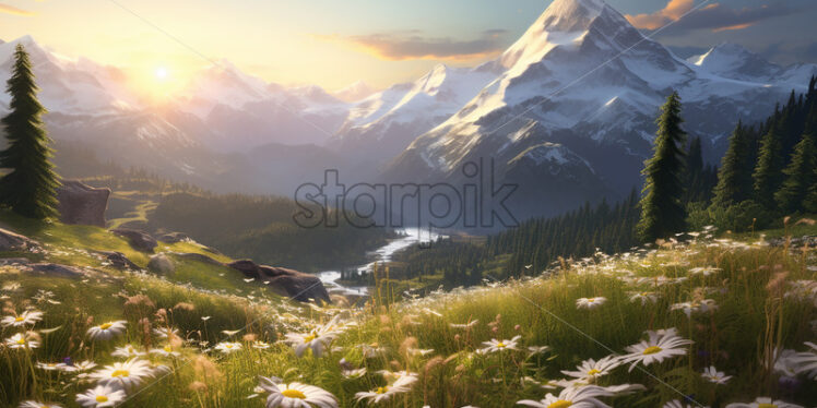 A plain in the mountains at sunrise - Starpik Stock