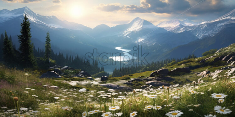 A plain in the mountains at sunrise - Starpik Stock