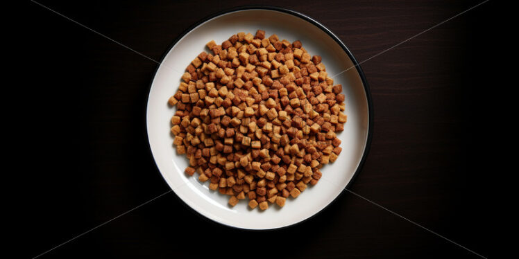 A plate of dog food on a wooden floor - Starpik Stock