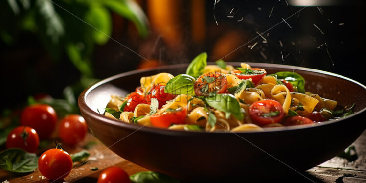 A plate of pasta with spinach, rosemary and cheese - Starpik Stock