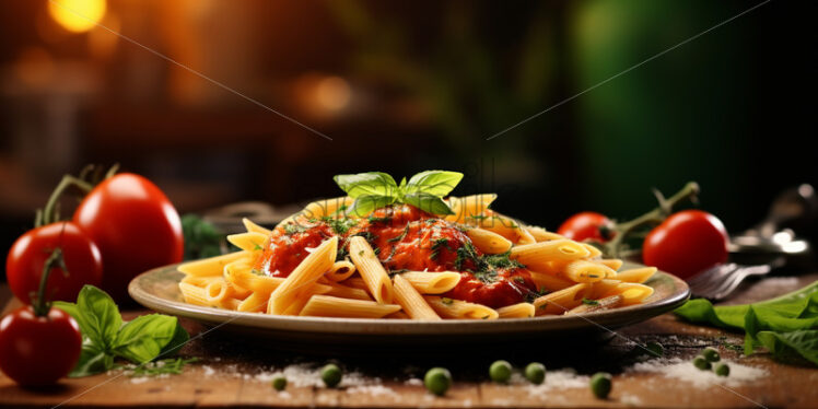 A plate of pasta with tomato and basil - Starpik Stock