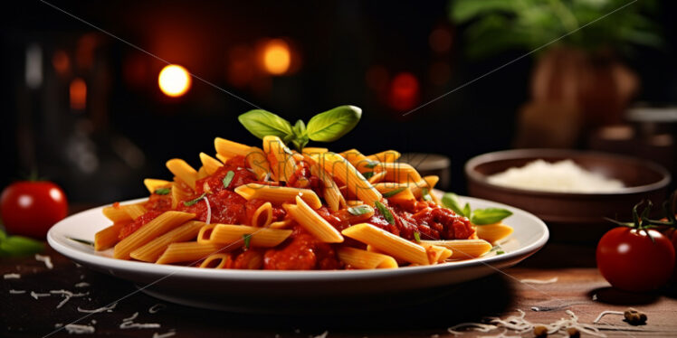 A plate of pasta with tomato and basil - Starpik Stock