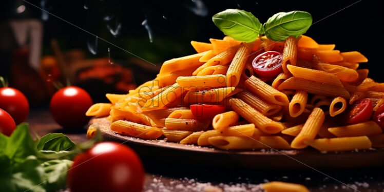 A plate of pasta with tomato and basil - Starpik Stock