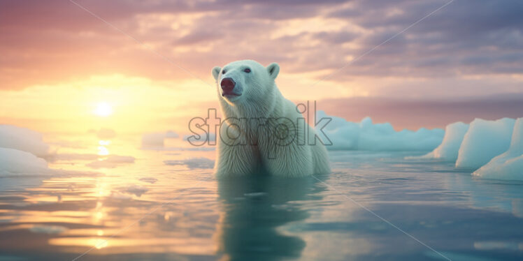 A polar bear sitting on icebergs at the North Pole - Starpik Stock