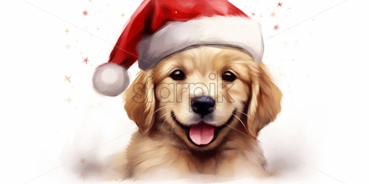 A portrait of a puppy with a Santa hat created in watercolor - Starpik Stock