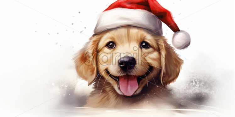 A portrait of a puppy with a Santa hat created in watercolor - Starpik Stock