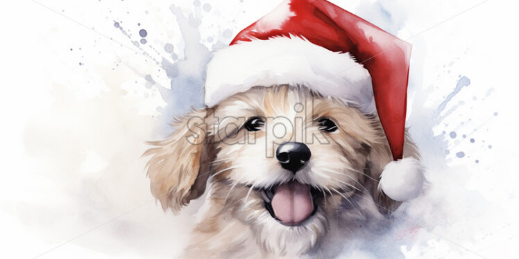 A portrait of a puppy with a Santa hat created in watercolor - Starpik Stock