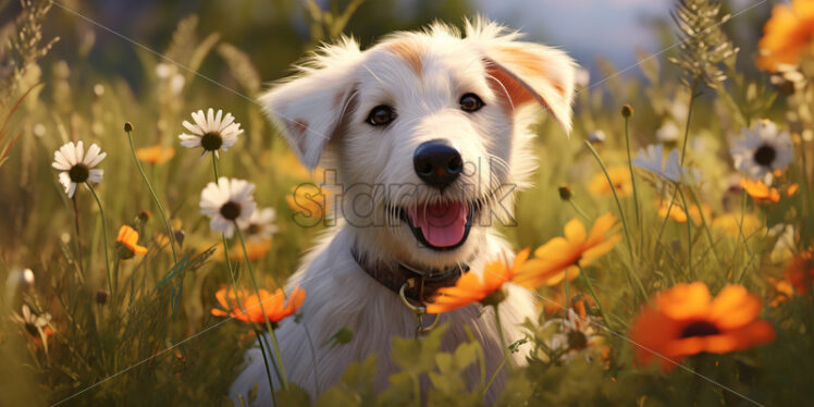 A puppy in a field with flowers, cartoon style - Starpik Stock