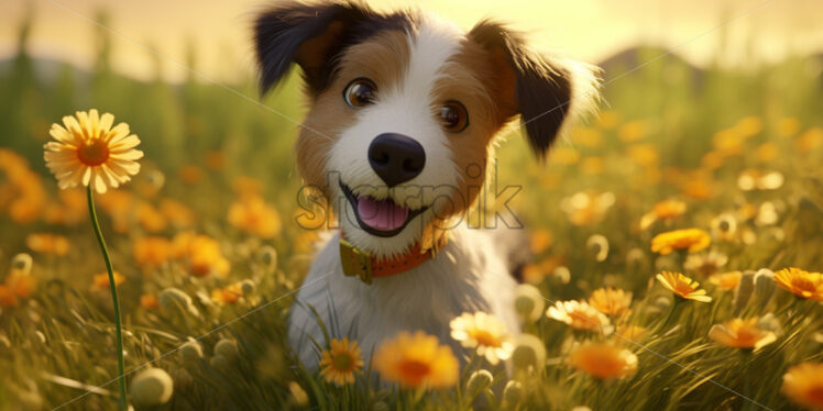 A puppy in a field with flowers, cartoon style - Starpik Stock