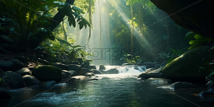 A quiet scene with a river in a tropical forest - Starpik Stock