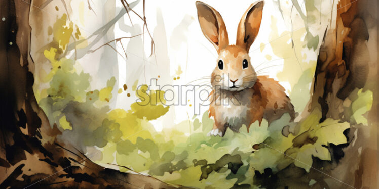 A rabbit in the forest, watercolor clipart style - Starpik Stock