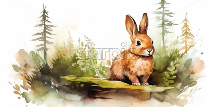 A rabbit in the forest, watercolor clipart style - Starpik Stock