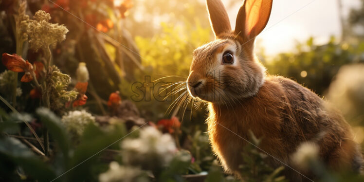 A rabbit sits in the grass in a clearing - Starpik Stock