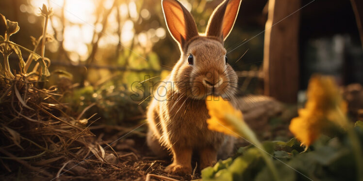 A rabbit sits in the grass in a clearing - Starpik Stock