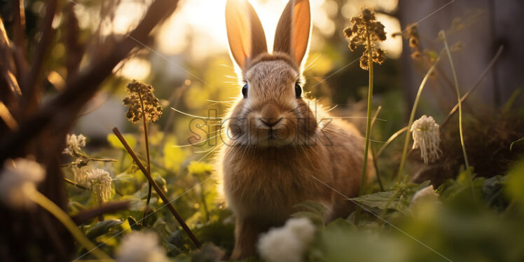 A rabbit sits in the grass in a clearing - Starpik Stock