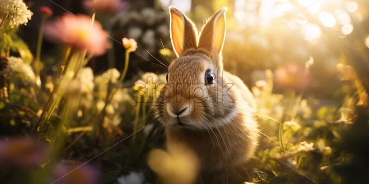 A rabbit sits in the grass in a clearing - Starpik Stock