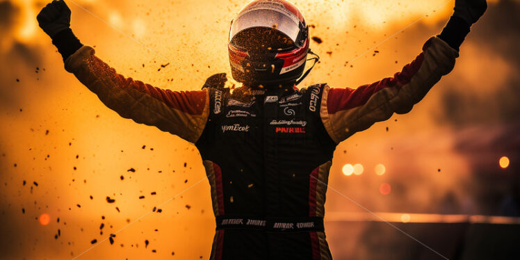 A race driver who won and raises his hands - Starpik Stock