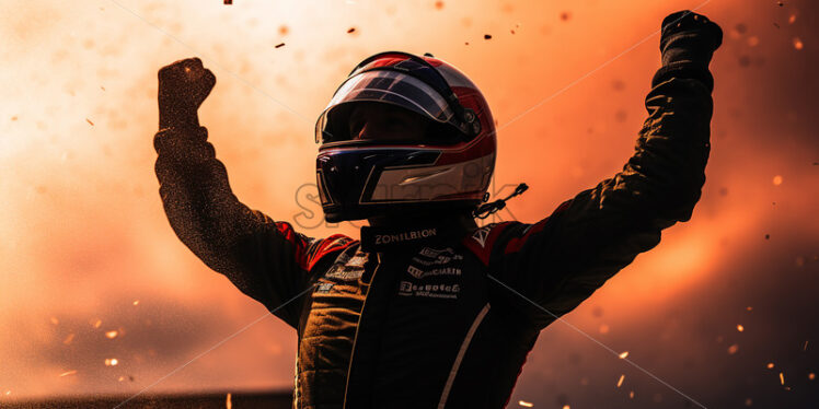 A race driver who won and raises his hands - Starpik Stock