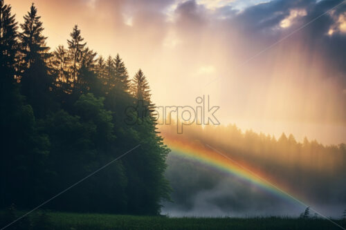 A rainbow that appears among the trees in the forest - Starpik Stock