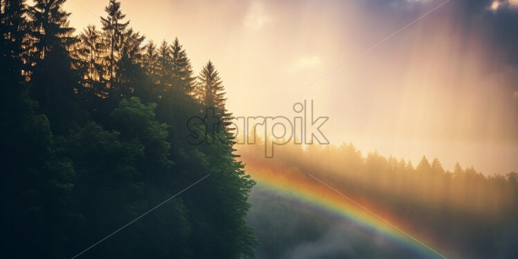 A rainbow that appears among the trees in the forest - Starpik Stock