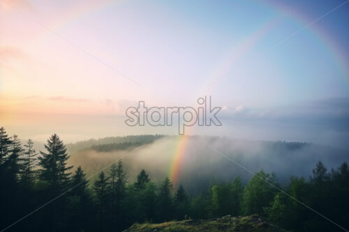 A rainbow that appears among the trees in the forest - Starpik Stock