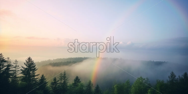 A rainbow that appears among the trees in the forest - Starpik Stock