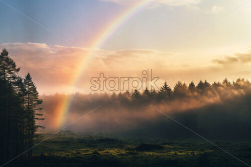 A rainbow that appears among the trees in the forest - Starpik Stock