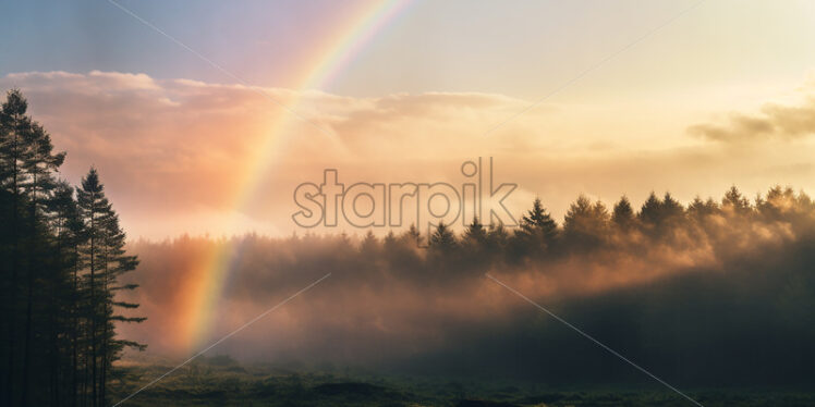 A rainbow that appears among the trees in the forest - Starpik Stock