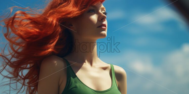 A red-haired woman dressed in green on a green background, in the style of the 70s - Starpik Stock