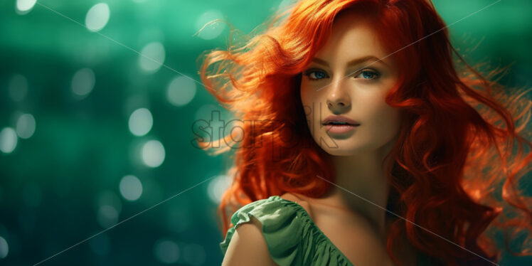 A red-haired woman dressed in green on a green background, in the style of the 70s - Starpik Stock