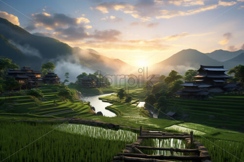 A rice plantation that is located on a hill in the countryside - Starpik Stock