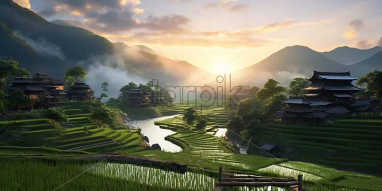 A rice plantation that is located on a hill in the countryside - Starpik Stock