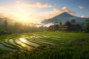 A rice plantation that is located on a hill in the countryside - Starpik Stock