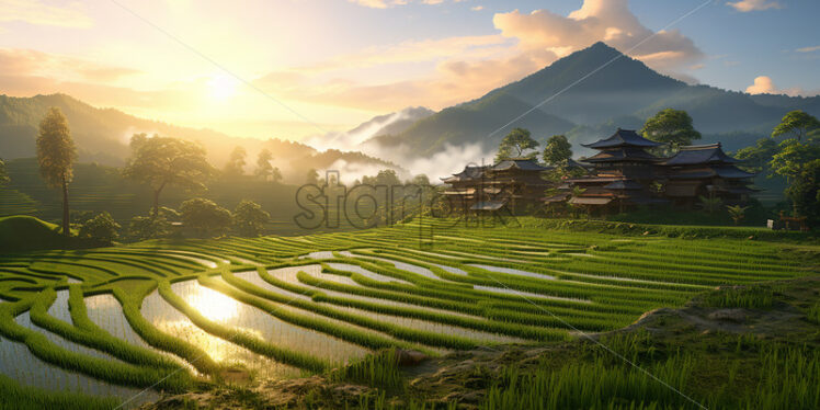 A rice plantation that is located on a hill in the countryside - Starpik Stock