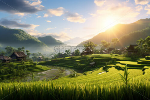 A rice plantation that is located on a hill in the countryside - Starpik Stock