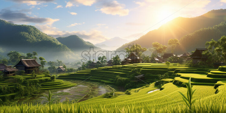 A rice plantation that is located on a hill in the countryside - Starpik Stock