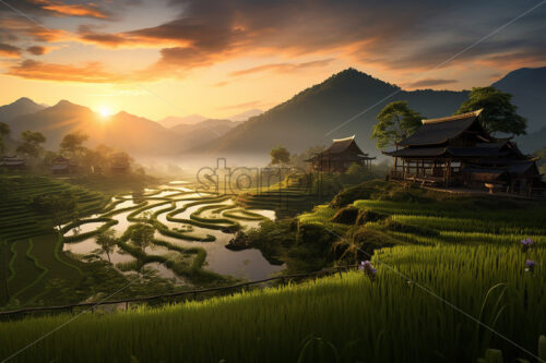 A rice plantation that is located on a hill in the countryside - Starpik Stock