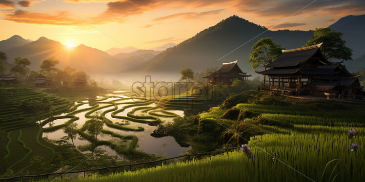 A rice plantation that is located on a hill in the countryside - Starpik Stock