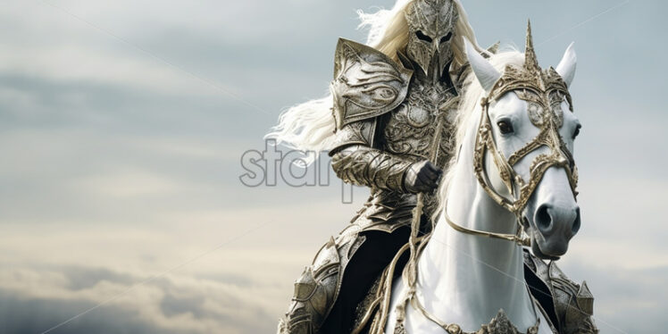 A rider on a white horse with golden armor - Starpik Stock