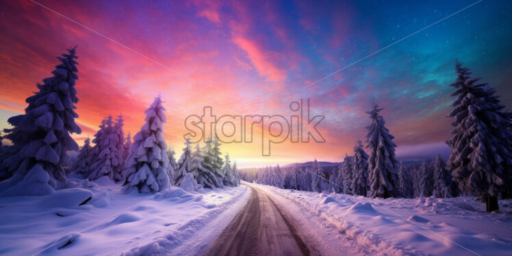 A road that goes through the middle of a forest winter at the beautiful sunset - Starpik Stock