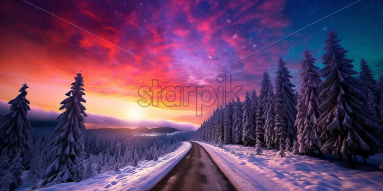 A road that goes through the middle of a forest winter at the beautiful sunset - Starpik Stock