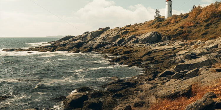 A rocky beach and a lighthouse on the seashore - Starpik Stock